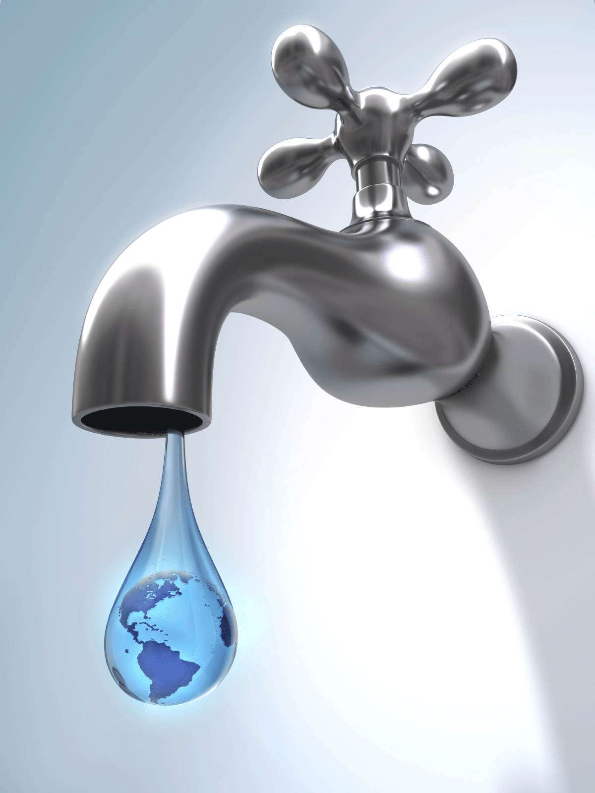 Ein Wasserhahn mit einem Tropfen, der die Wasserreserven der Welt verbindet Versorgungspreise