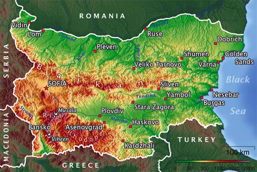 Reliefkarte Bulgariens mit Städten, Gebirgen und Schwarzmeerküste