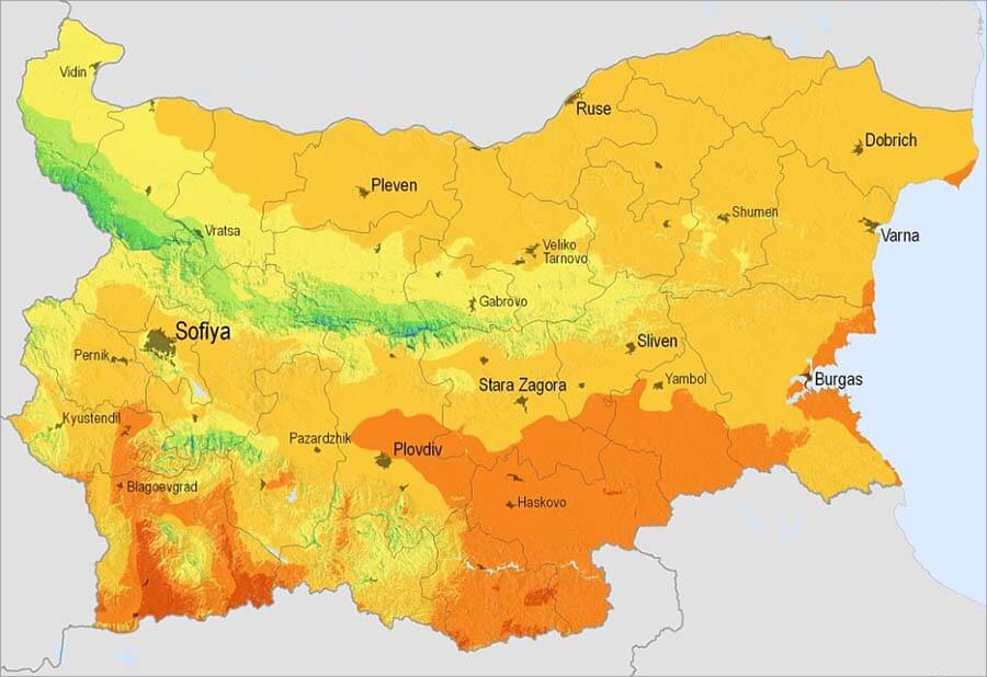 Schematische Karte Bulgariens mit Relief, Klimabereichen und Städten