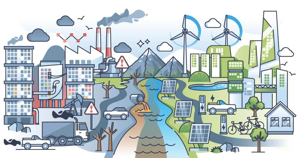 Illustrierte Karte der städtischen Infrastruktur mit Wohnungen, Verkehrssystemen, Parks und Einrichtungen im Cartoon-Stil