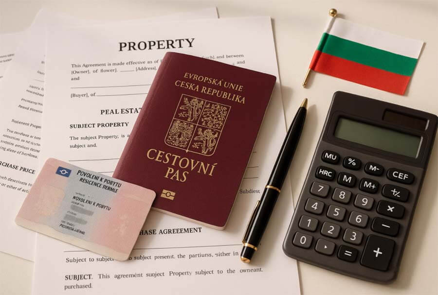 Tschechischer Reisepass und Personalausweis mit bulgarischen Eigentumsdokumenten, Taschenrechner und Stift für die Planung eines Hauskaufs