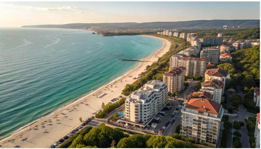 Luftaufnahme der bulgarischen Schwarzmeerküste mit modernen Wohngebäuden, sauberem Strand und türkisfarbenem Wasser
