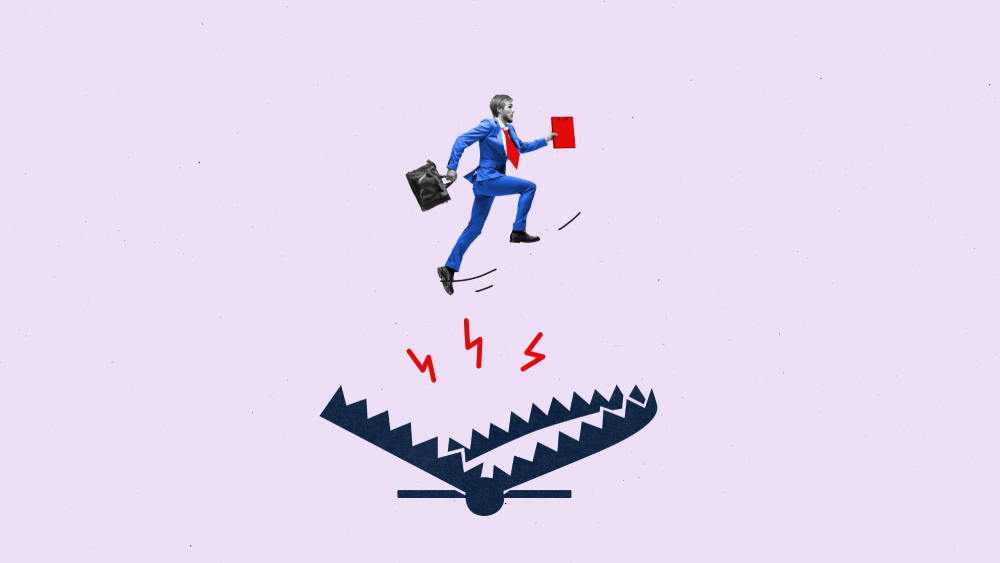 Grafische Darstellung einer Person, die über eine Bärenfalle springt und vor Schwierigkeiten bei der Immobilienprüfung in Bulgarien warnt