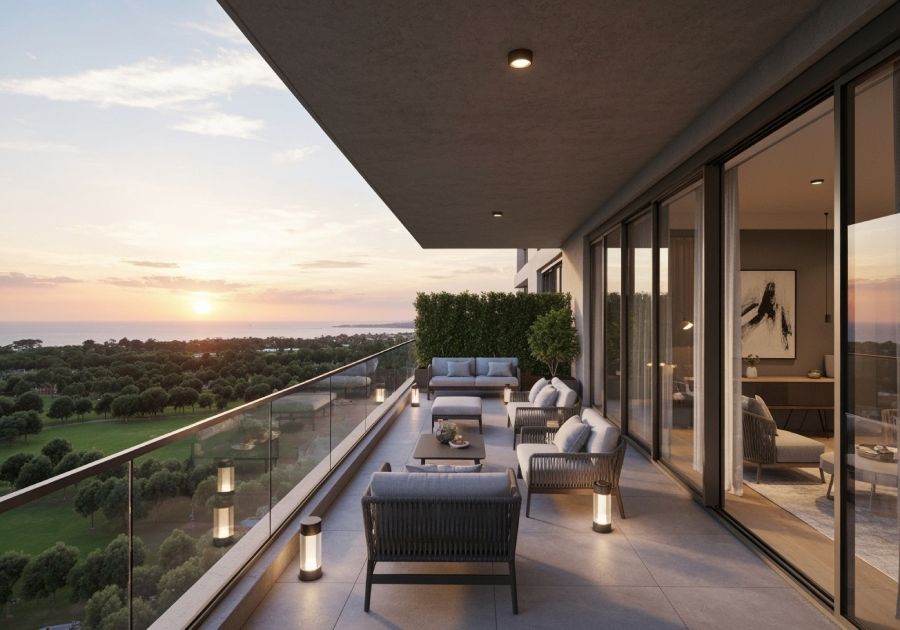 Eine Terrasse mit Meerblick demonstriert das Ergebnis der Inbetriebnahme und die Bezugsfertigkeit einer Wohnung in Bulgarien.