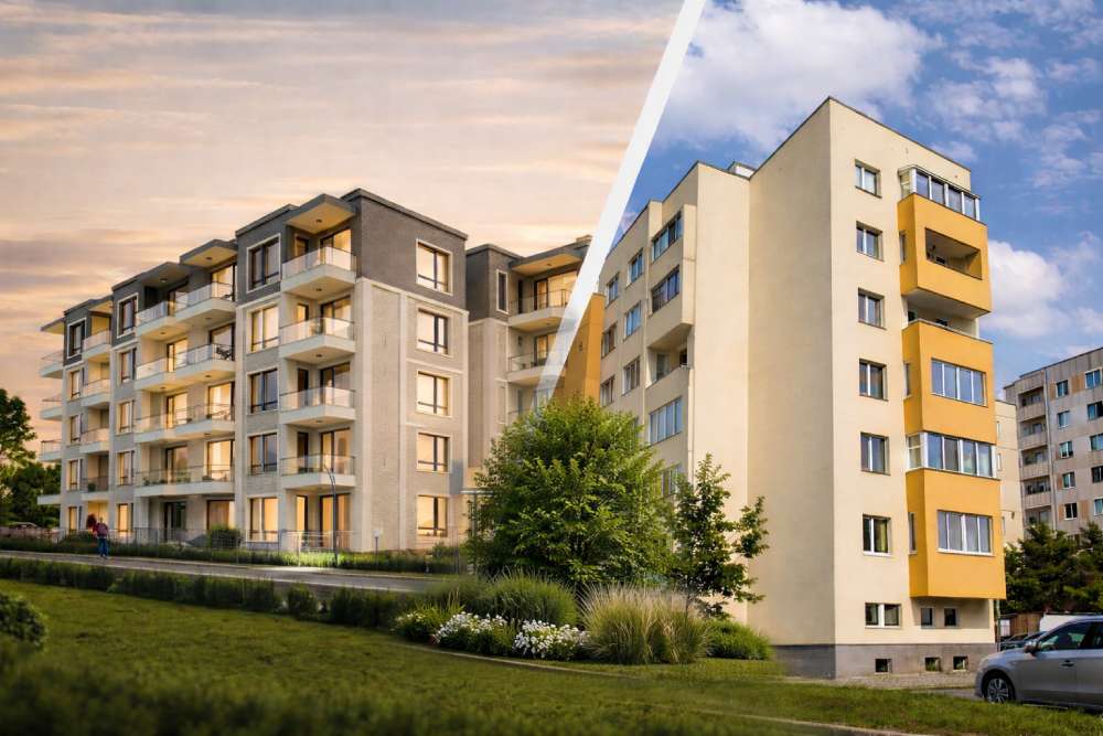 Ein Vergleich moderner Wohnanlagen in Bulgarien der die Umschichtung der Investorennachfrage zwischen Neubauten und Bestandsimmobilien im Kontext steigender Preise verdeutlicht