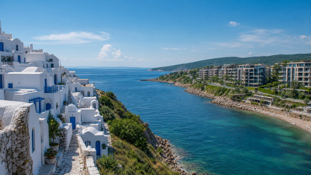 Küstenarchitektur in Griechenland und Bulgarien: unterschiedliche Häuser und Resortstraßen