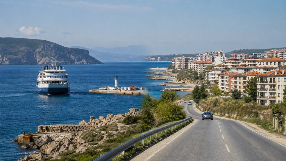Fähre zu einer griechischen Insel und Küstenstraße entlang des bulgarischen Schwarzmeers